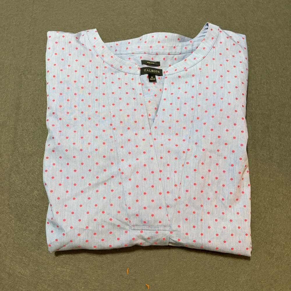 Talbots Non-Iron Blouse Womens M Blue Red Polka Dot Long Sleeve Tunic Baggy Core